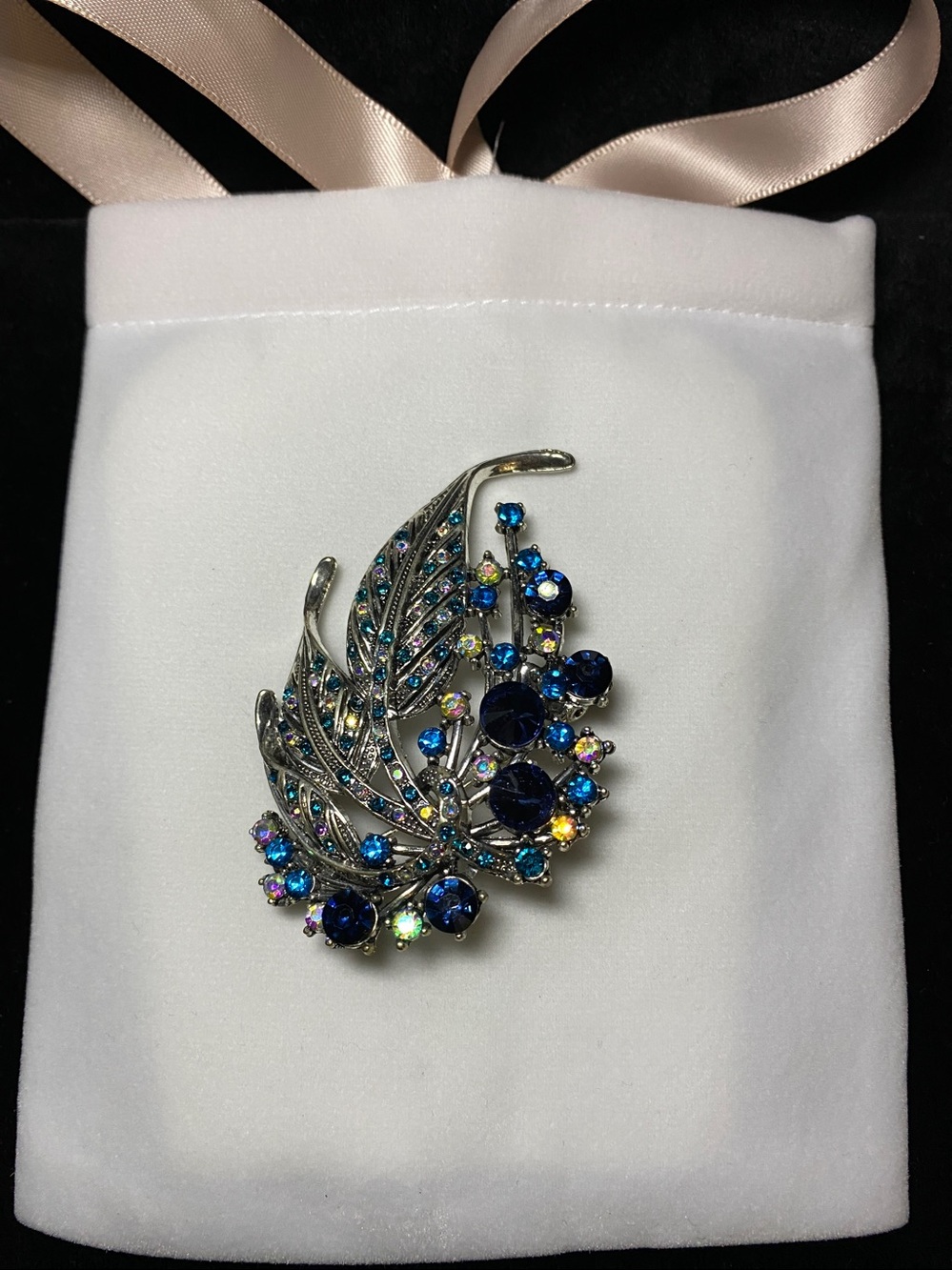 Vintage style Leaf Statement Brooch Multi Blue Tones Crystals Fall Scarf Gift